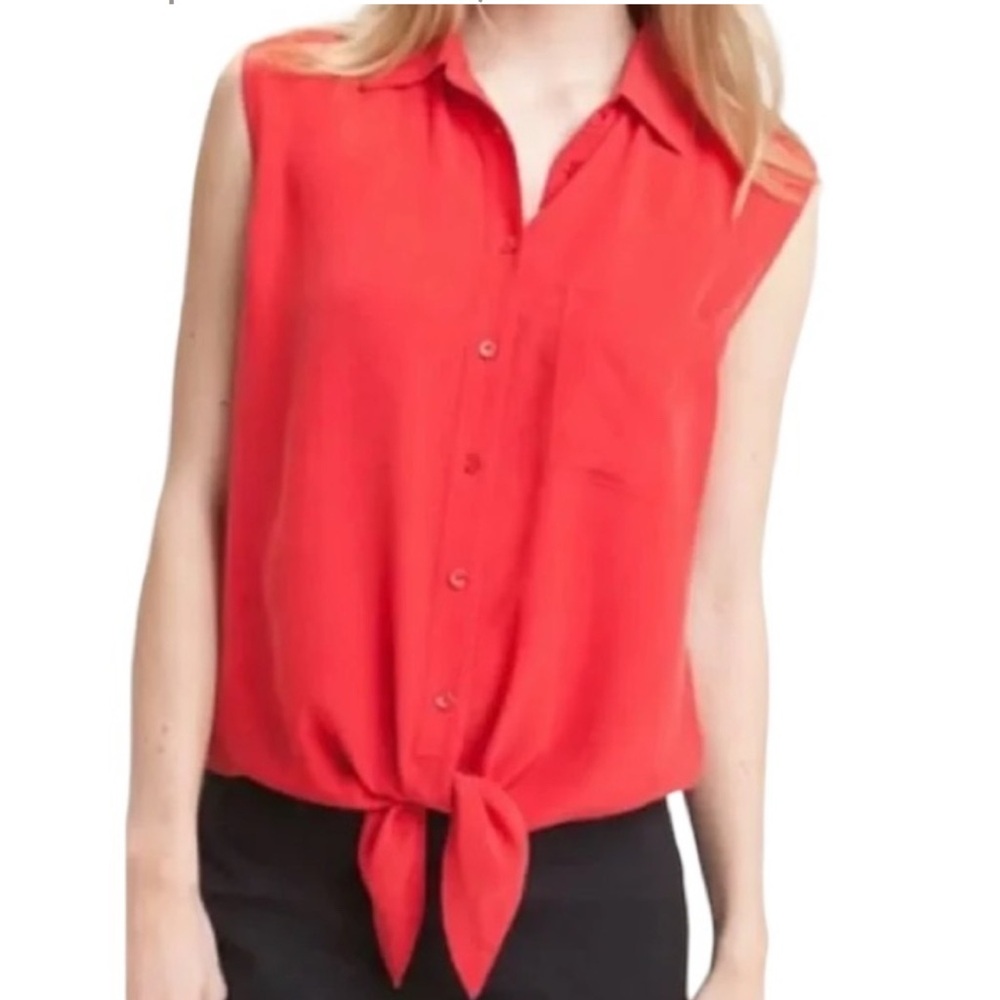 Equipment Femme Red Slim Signature 100% Silk Tie Front Sleeveless Blouse Top S